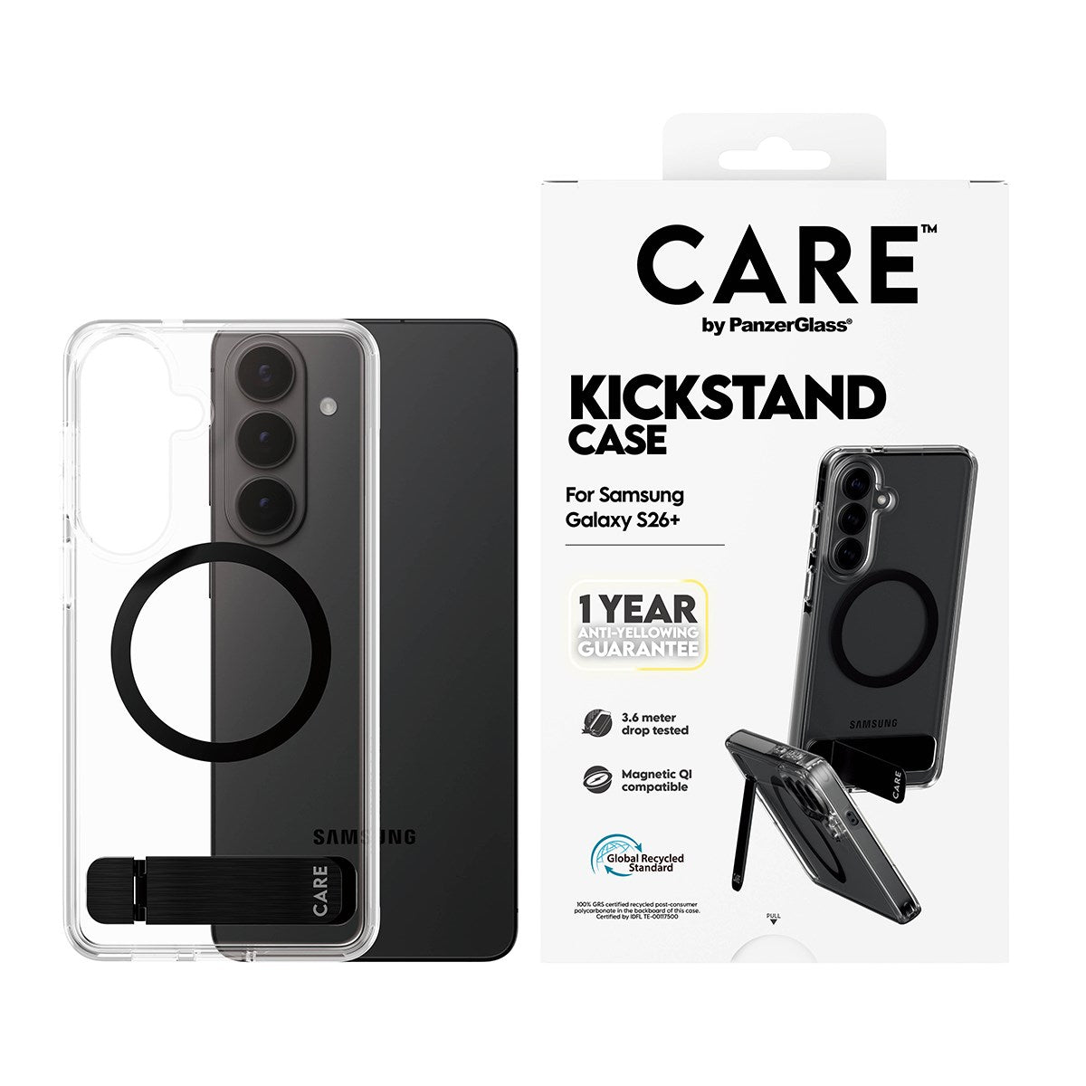 CARE™ by PanzerGlass® Urban Explorer Case Transparent m. Schwarz Kickstand & Qi Samsung Galaxy S26+